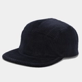 Detail view of navy blue corduroy fabric texture on a 5-panel camper style baseball hat - Adjustable / Navy Blue