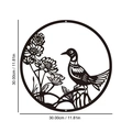 Circular black laser-cut metal wall art featuring bird and flower design, 12-inch diameter - Standing Bird Flower Pattern