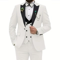 Detail of white wedding suit with black double-breasted vest and elegant green brooch - White