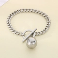 Detail of silver stainless steel Cuban chain bracelet with OT toggle clasp and hollow ball - Steel Color Bracelet (KB202486-Z)