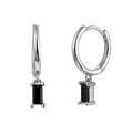 Elegant silver hoop earrings with a black baguette-cut gemstone pendant for women - Silver + Black Zirconia