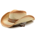 Close-up of hand-woven straw cowboy hat featuring metal studs and leather decorative band - M (56-58cm) / Beige Rust Red Gradient