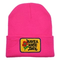Close-up of pink knit beanie featuring a yellow Have a Nice Day floral patch embroidery - Adult - Adjustable / Rose Red