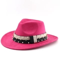 Dettaglio di cinturini in perle e strass sulla tesa di un cappello di feltro rosa - M (56-58cm) / Rosa Rossa