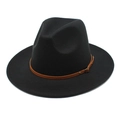 Classic black wide-brim wool fedora hat with brown leather band and retro buckle - M (56-58cm) / Black