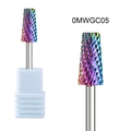 Detail of rainbow-plated nail drill bit showing cross-cut teeth and precision head - Flame Shape Grinding Head (OMWGC05)