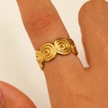 Gold-plated stainless steel ring featuring unique spiral swirl texture for women - 18K Gold Spiral Vortex (DZ-563)