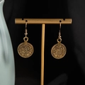 Close-up of vintage golden coin earrings featuring detailed Ottoman-style embossed calligraphy - Antique Gold Earrings (S3324-1)