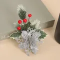 Glittering silver Christmas flower with red berries and frosted pine needle pick - Silver