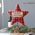 Red black plaid fabric star Christmas tree tabletop ornament with wooden base and berries - Red & Black Buffalo Plaid Star