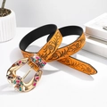 Fashionable orange leather belt with floral pattern and gold rhinestone buckle - 115cm / Ginger Yellow