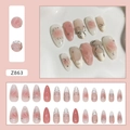 Roze en crème witte gradiënt amandel plaknagels met zilveren 3D strikjes en sterretjes - Z863 Zeemeermin Pareleffect (Lijm Stijl)