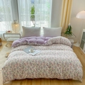 Floral cotton duvet cover set with lavender backing and matching striped pillowcases - Blue with Peony Floral