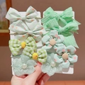 8-piece set of green bow hair ties and floral clips on white card for girls - Green Fresh Style (0662-6)