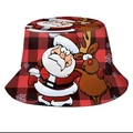 Bob à carreaux rouges avec imprimé dessin animé du Père Noël et de rennes pour Noël - M (56-58cm) / Père Noël à Carreaux Rouge et Noir