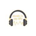 Detailansicht der schwarz-goldenen Emaille-Musik-Brosche mit 'music is my life'-Gravur - Kopfhörer Wellenform Stil (XZ4303)