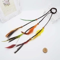 Detailed view of colorful feathers and wooden beads on woven hair extension clips - Dark Color Beaded Feather Hair Tie Set