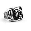 Vintage stainless steel reaper skull ring with gothic wings in antique silver finish - US 7 / Steel