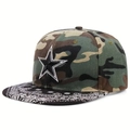 Detail of 3D star embroidery on camouflage and paisley pattern snapback baseball hat - Adjustable / Star Embroidery/Camo Crown/Black Brim / Camouflage