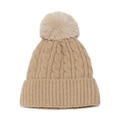 Detail of cable knit pattern and faux fur pompom on beige winter thermal beanie - M (56-58cm) / Khaki