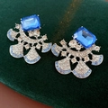 Detailed view of vintage silver fan-shaped earrings with blue gemstones and diamonds - Blue Gem Fan Shaped Hollow Rhinestone Style (44#)