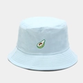 Close-up of light blue cotton bucket hat with detailed avocado embroidery and stitching - M (56-58cm) / Light Blue