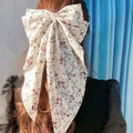 Large cream floral bow hair clip with pink flower print and long ribbons for women - White Floral