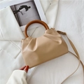 Elegant beige ruched cloud bag with wooden handles and detachable shoulder strap - Khaki
