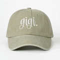 Close-up of olive washed cotton baseball cap with white gigi embroidery and heart detail - Light Khaki