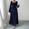 Elegant navy blue long sleeve evening dress with pearl waist detail and square neckline - S / Navy Blue