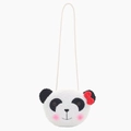 Cute panda plush crossbody bag in black and white with a red bow and beige strap - Girl Panda