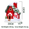 Casetta di Natale in ceramica con LED, pupazzo di neve e texture legno rosso, 13cm - Pupazzo di Neve