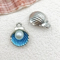 Silver scallop shell pendant with blue enamel and white pearl for DIY jewelry making - 12x15mm Pearl Shell / Lake Blue
