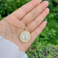 18k gold plated Virgin Mary necklace with pearl accents and zircon heart on rope chain - Round Virgin Mary-Style 2