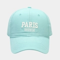Detail of white PARIS FRENCH embroidery on mint blue cotton baseball cap surface - Lake Blue