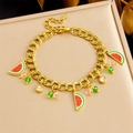 Detailed view of gold chain bracelet with enamel watermelon charms and crystal beads - Watermelon Style (B1593)