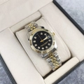 Two-tone steel watch with black dial, diamond markers, and date window in a beige gift box - Two-tone Gold Black