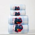 Close-up of soft coral fleece towels with blue plaid pattern and happy pony embroidery - Year of the Horse New Year Edition - Peace & Joy