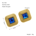 Detailed view of 18k gold plated stainless steel square earrings with blue rhinestone - Gold with Blue Stone