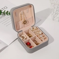 Detailed close-up of gray PU leather jewelry box featuring necklace hooks and ring slots - Gray