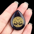 Deep blue sandstone teardrop pendant with golden tree of life engraving - Blue Sand Stone (Synthetic)