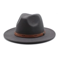 Detailed close-up of dark grey wide-brimmed wool fedora with embossed brown leather band - M (56-58cm) / Dark Gray