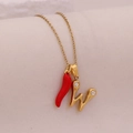 Golden necklace with letter W pendant, small red chili charm, and tiny crystals - Letter W(W)