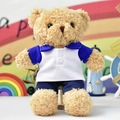 Adorable plush teddy bear doll wearing a blue and white polo shirt and blue pants. - 30 cm / Dark Blue and White