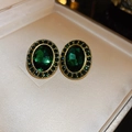 Vintage emerald green zircon earrings in gold setting presented in a jewelry box - Classic Oval Style (55#)