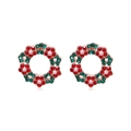 Elegant Christmas wreath stud earrings with red and green gems and center pearl - White Christmas Wreath