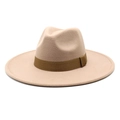 Macro detail of fine wool felt texture and brown ribbon on beige wide brim fedora - M (56-58cm) / Light Purple Grey