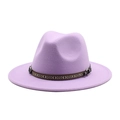 Lavender purple wool felt fedora hat with ethnic geometric band on white background - Taro Purple