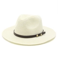 Detailed view of woven fedora hat texture with brown faux leather band and metal studs - M (56-58cm) / Creamy White