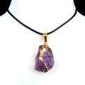 Raw amethyst pendant necklace with gold plated edges and adjustable black cord strap - Light Amethyst